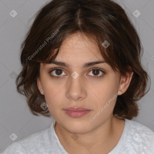 Neutral white young-adult female with medium  brown hair and brown eyes