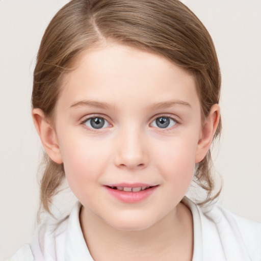 Joyful white child female with medium  brown hair and blue eyes