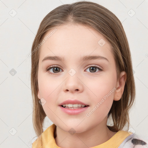 Joyful white child female with medium  brown hair and brown eyes