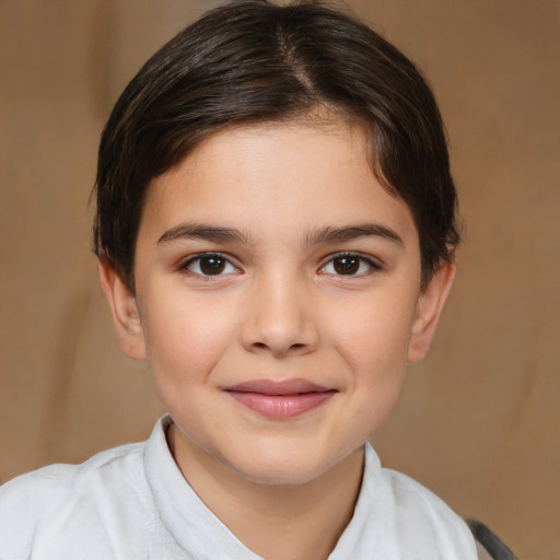 Joyful white child female with medium  brown hair and brown eyes