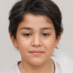 Joyful white child female with medium  brown hair and brown eyes