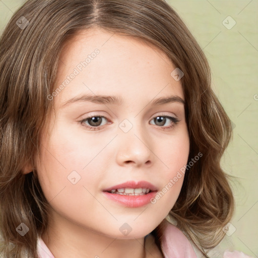 Joyful white child female with medium  brown hair and brown eyes