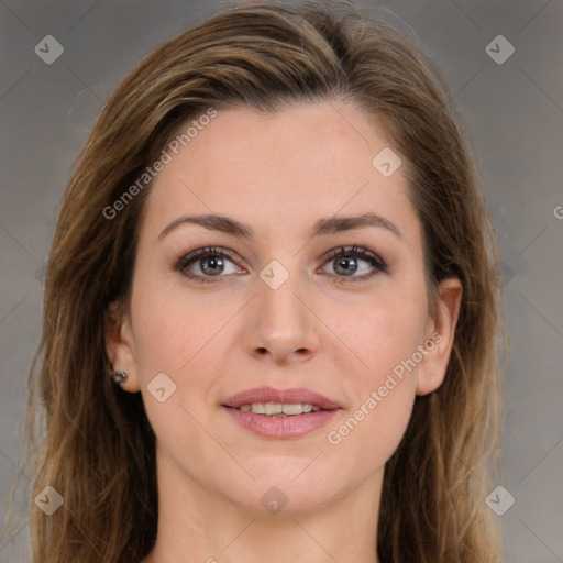 Joyful white young-adult female with long  brown hair and grey eyes