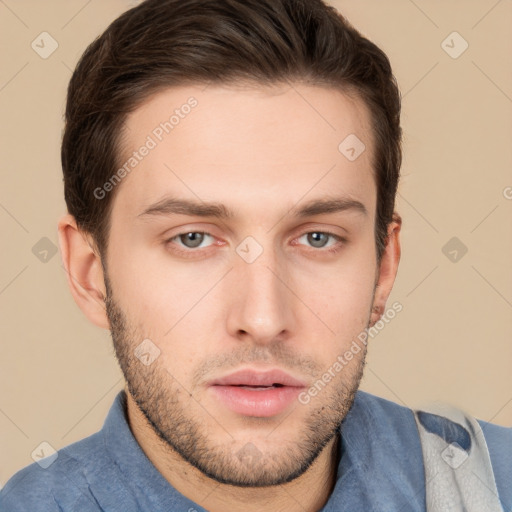 Neutral white young-adult male with short  brown hair and grey eyes