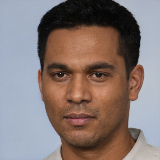 Neutral white young-adult male with short  black hair and brown eyes