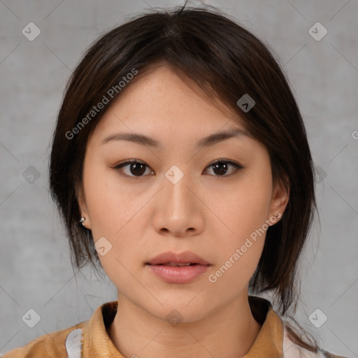 Neutral white young-adult female with medium  brown hair and brown eyes