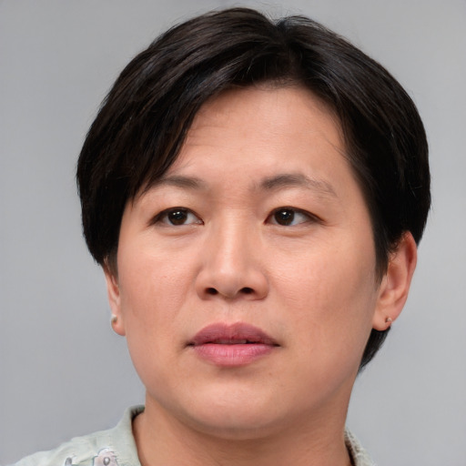 Joyful asian adult female with short  brown hair and brown eyes