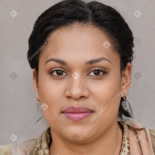 Joyful latino young-adult female with short  brown hair and brown eyes