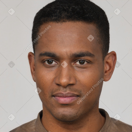 Neutral black young-adult male with short  black hair and brown eyes