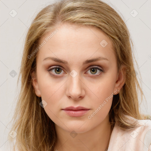 Neutral white young-adult female with long  brown hair and brown eyes