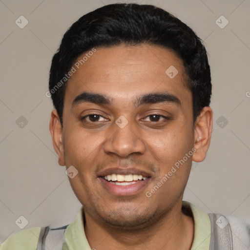 Joyful latino young-adult male with short  black hair and brown eyes