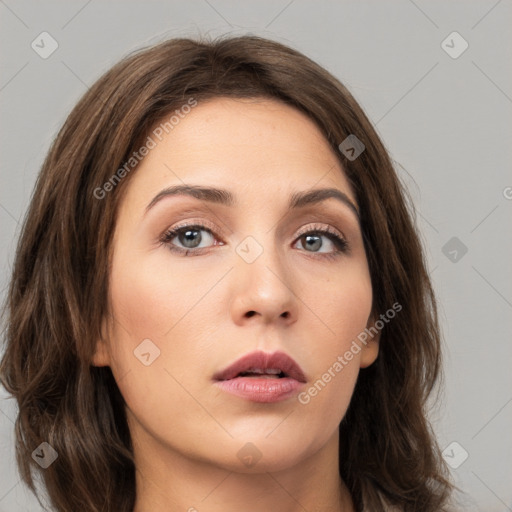 Neutral white young-adult female with medium  brown hair and brown eyes