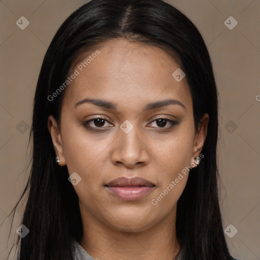 Joyful black young-adult female with long  brown hair and brown eyes