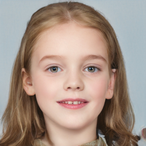 Joyful white child female with medium  brown hair and grey eyes