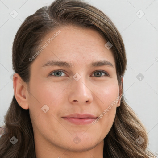 Joyful white young-adult female with long  brown hair and grey eyes