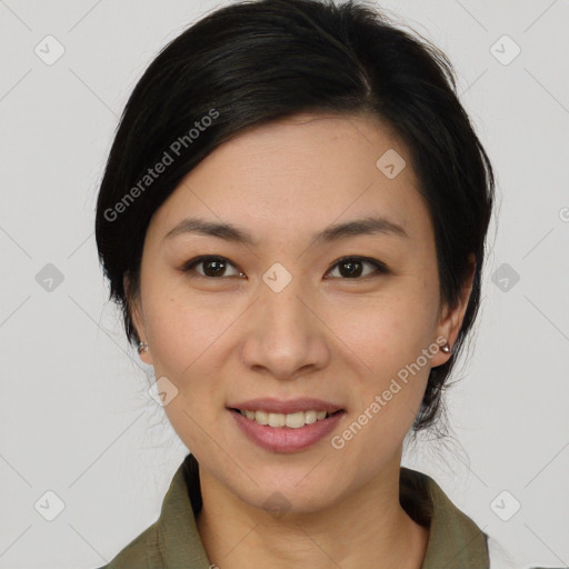 Joyful white young-adult female with medium  brown hair and brown eyes