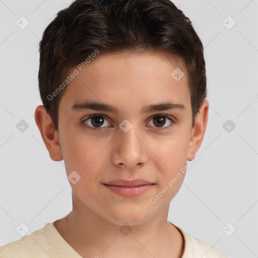 Joyful white child male with short  brown hair and brown eyes