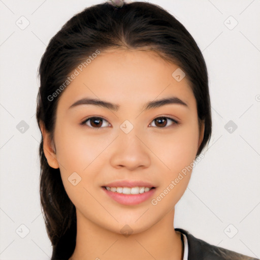 Joyful white young-adult female with medium  black hair and brown eyes