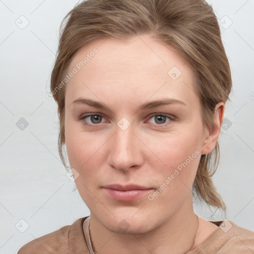 Neutral white young-adult female with medium  brown hair and grey eyes