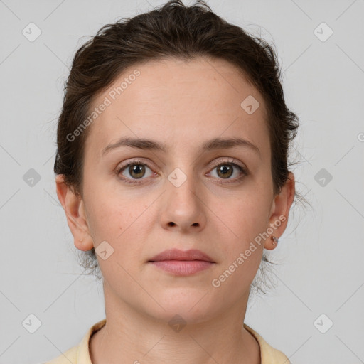 Neutral white young-adult female with short  brown hair and brown eyes