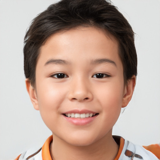 Joyful white child female with short  brown hair and brown eyes