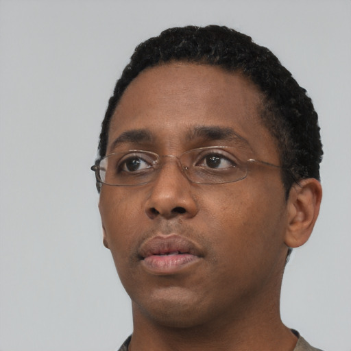 Neutral black young-adult male with short  black hair and brown eyes