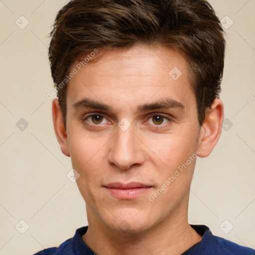 Neutral white young-adult male with short  brown hair and brown eyes