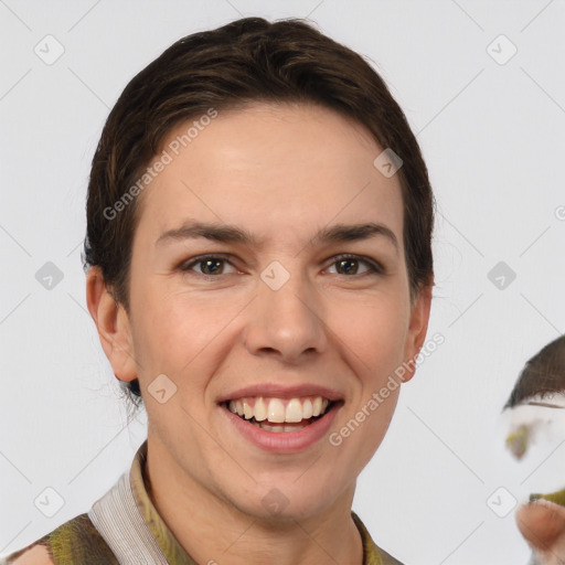 Joyful white young-adult female with medium  brown hair and grey eyes