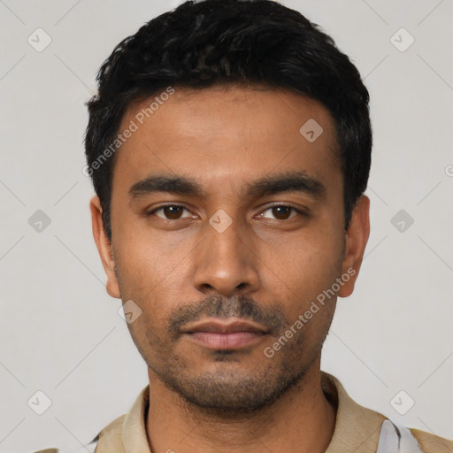 Neutral latino young-adult male with short  black hair and brown eyes