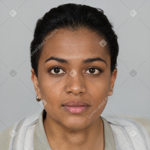 Neutral black young-adult female with short  black hair and brown eyes