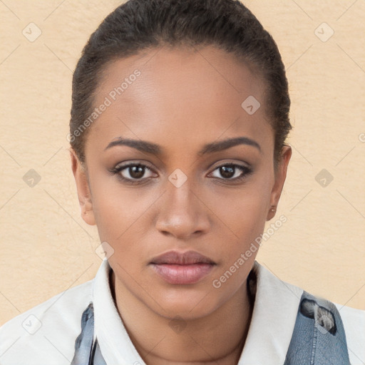 Neutral white young-adult female with short  brown hair and brown eyes