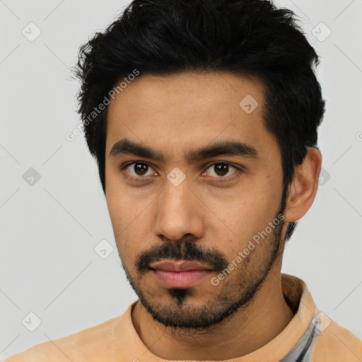 Neutral latino young-adult male with short  black hair and brown eyes