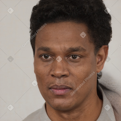Neutral black adult male with short  black hair and brown eyes