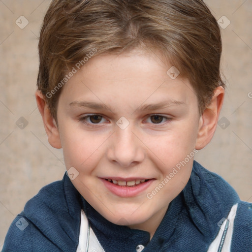 Joyful white child female with short  brown hair and brown eyes