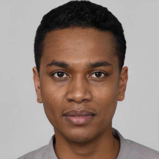 Neutral black young-adult male with short  black hair and brown eyes