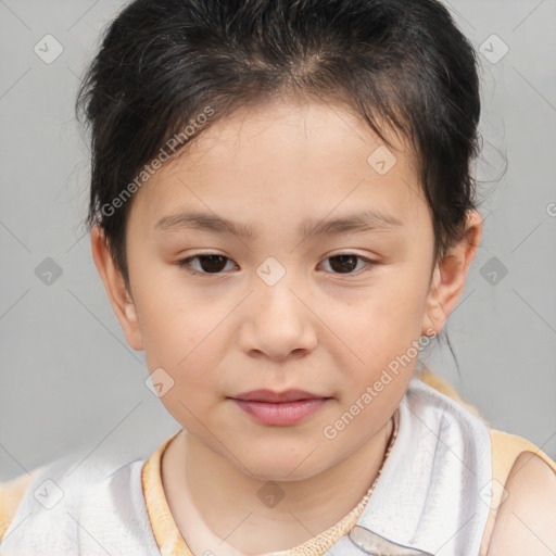 Joyful white child female with medium  brown hair and brown eyes