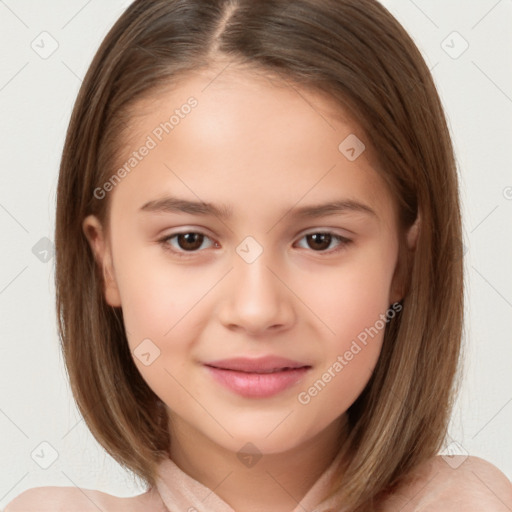 Joyful white child female with medium  brown hair and brown eyes