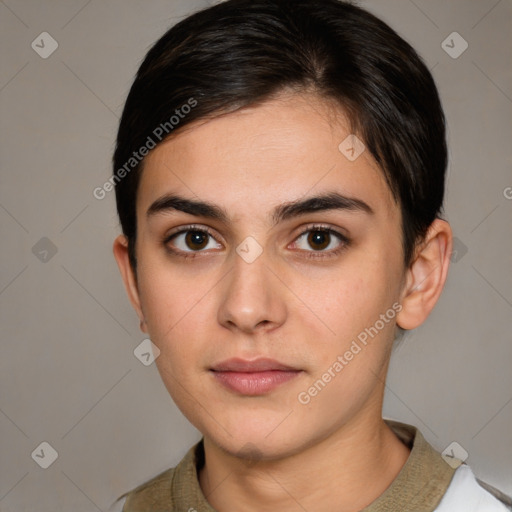 Neutral white young-adult female with short  brown hair and brown eyes