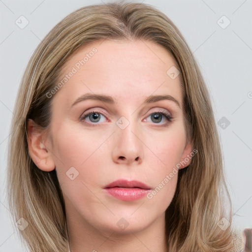 Neutral white young-adult female with long  brown hair and grey eyes