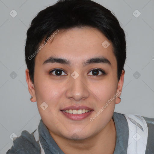 Joyful asian young-adult male with short  black hair and brown eyes