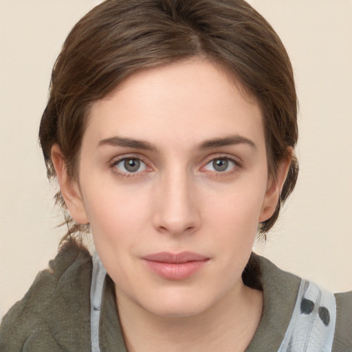 Neutral white young-adult female with medium  brown hair and brown eyes