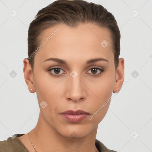 Neutral white young-adult female with short  brown hair and brown eyes