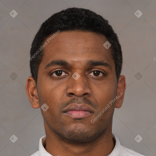 Neutral latino young-adult male with short  black hair and brown eyes