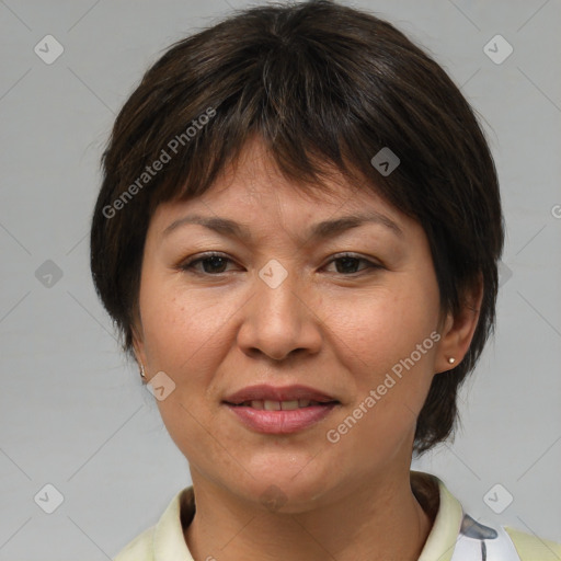 Joyful white adult female with medium  brown hair and brown eyes