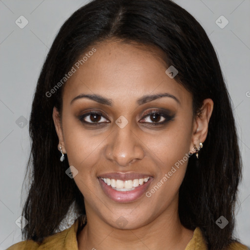 Joyful latino young-adult female with long  brown hair and brown eyes