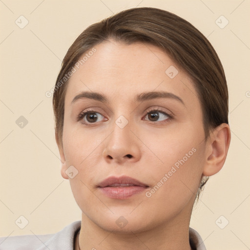 Neutral white young-adult female with short  brown hair and brown eyes