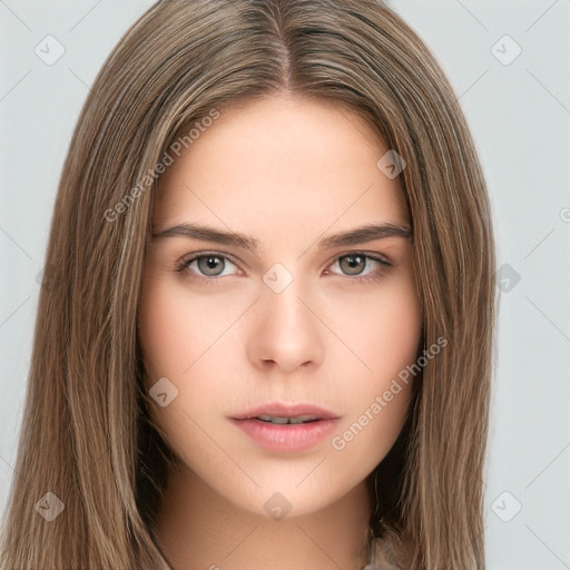 Neutral white young-adult female with long  brown hair and brown eyes