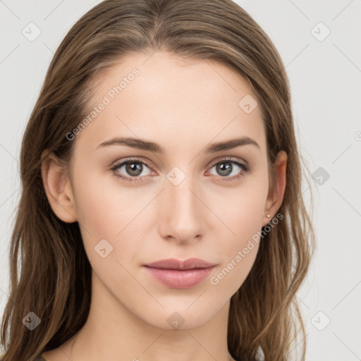 Neutral white young-adult female with long  brown hair and grey eyes