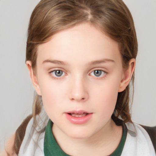 Neutral white child female with medium  brown hair and grey eyes