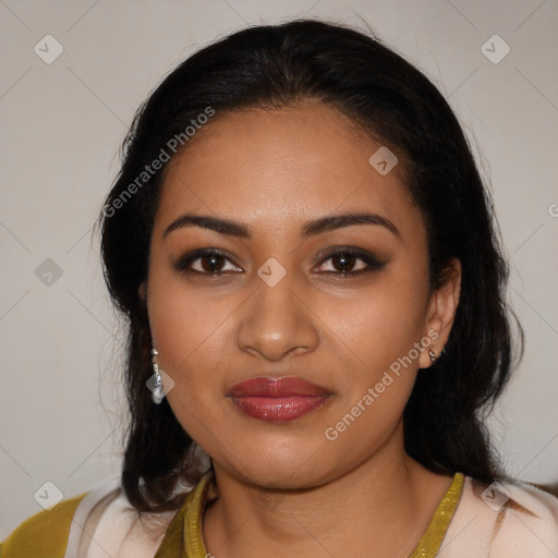 Joyful latino young-adult female with medium  black hair and brown eyes